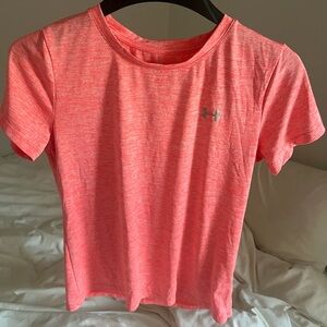 Under Armour Heat-gear coral pink short sleeve athletic top, women’s size M